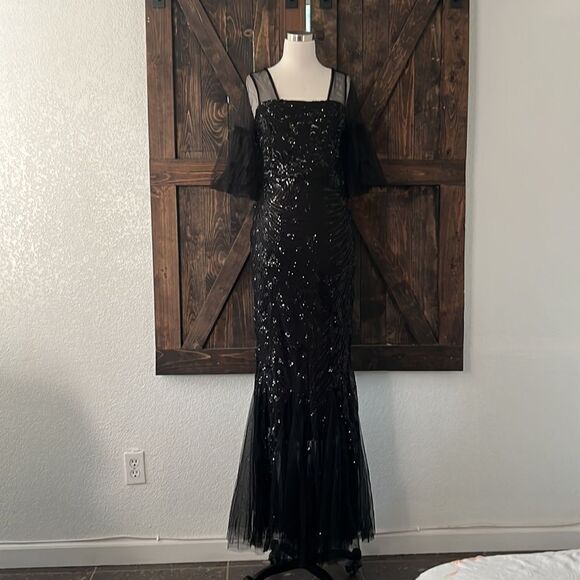 Tulle black Flared Sleeve Evening Party Dress Elegant Mermaid gown dress Medium - Picture 3 of 16